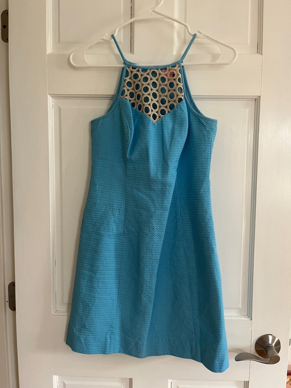 Lilly Pulitzer Turquoise Spaghetti-Strap Dress with Cream Lattice Detail